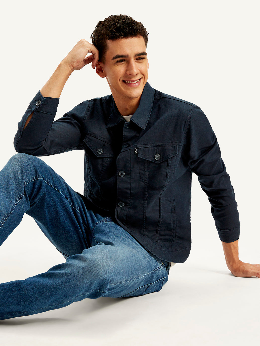 Men's Redloop Solid Navy Spread Collar Trucker Jacket