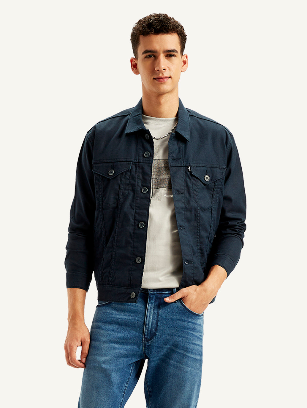 Men's Redloop Solid Navy Spread Collar Trucker Jacket - f6445ffe-0f4f-4ed0-bab3-d8a0d361908a View