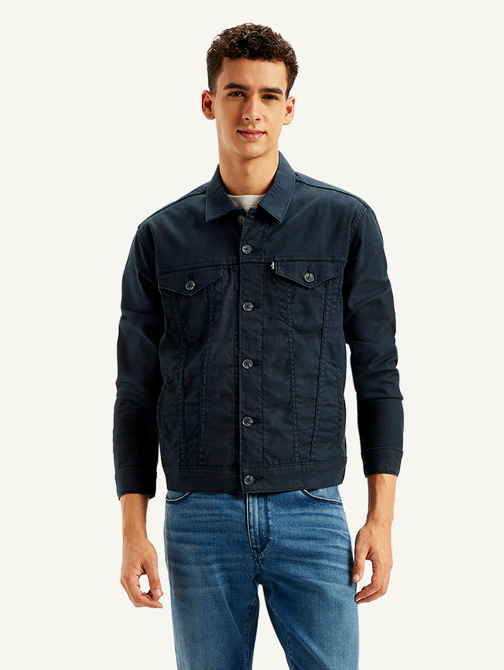 Men's Redloop Solid Navy Spread Collar Trucker Jacket - d5f2b091-cb28-4bfd-81a9-273137ec73d4 View