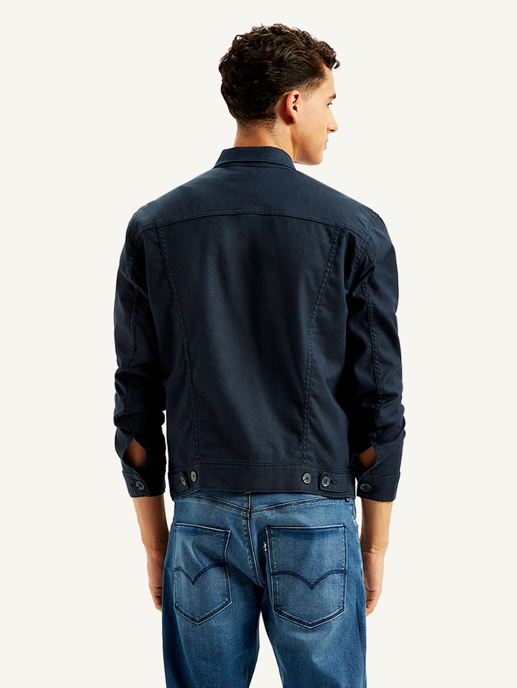 Men's Redloop Solid Navy Spread Collar Trucker Jacket - 7952cb12-0ae4-4471-b957-3f0a2a61758a View