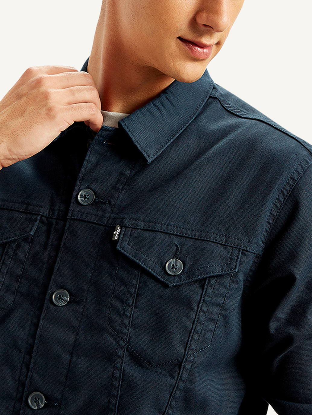 Men's Redloop Solid Navy Spread Collar Trucker Jacket - a115a87d-8eb3-4240-975d-3af738c1f7d7 View