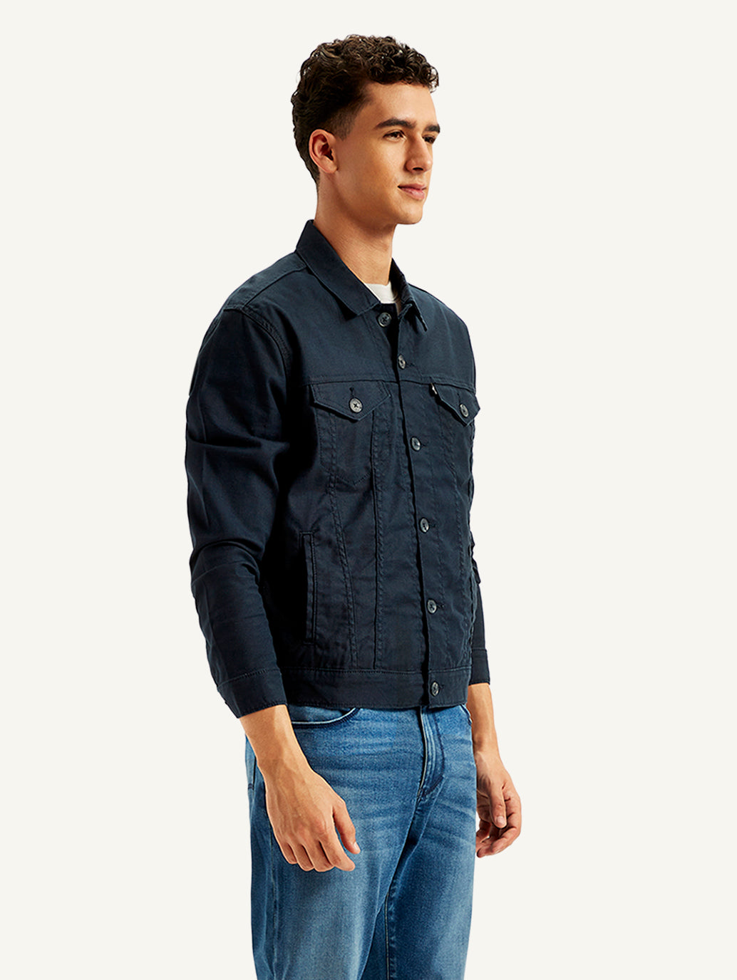 Men's Redloop Solid Navy Spread Collar Trucker Jacket - 15f83936-2920-4a4e-a481-096cc0433843 View