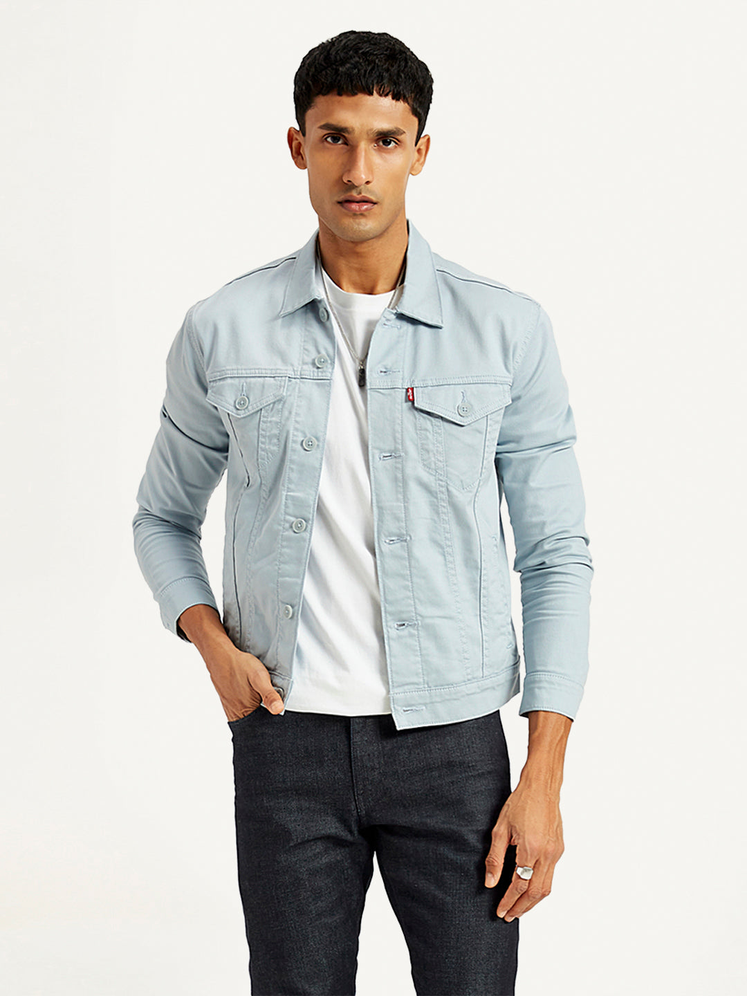 Men's Solid Light-Blue Spread Collar Trucker Denim Jacket - Styleshot View