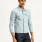 Men's Solid Light-Blue Spread Collar Trucker Denim Jacket - Side View