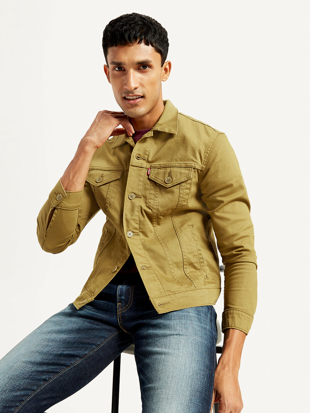 Men's Solid Tan Spread Collar Trucker Jacket - Elevated View