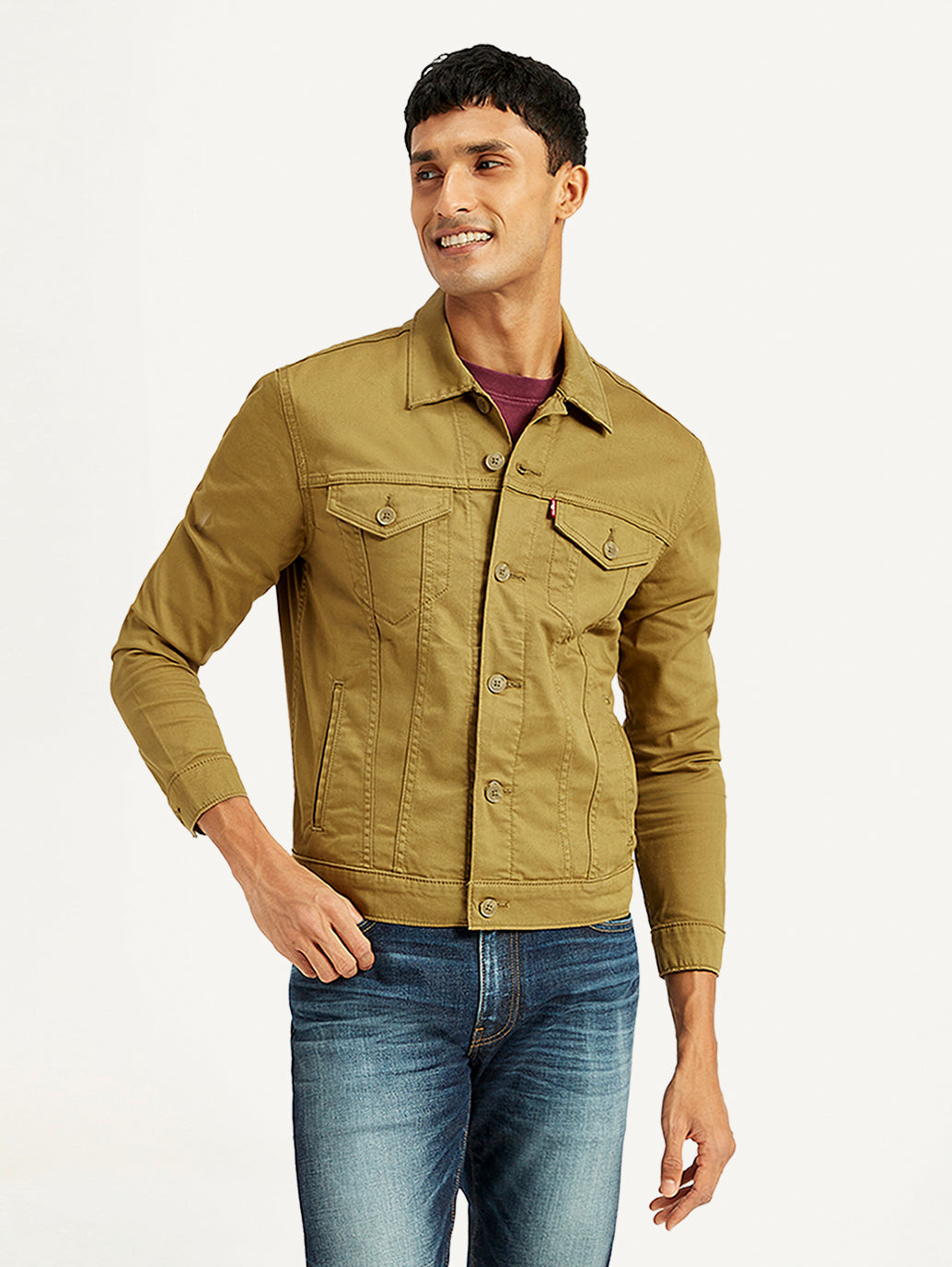 Men's Solid Tan Spread Collar Trucker Jacket - Front View