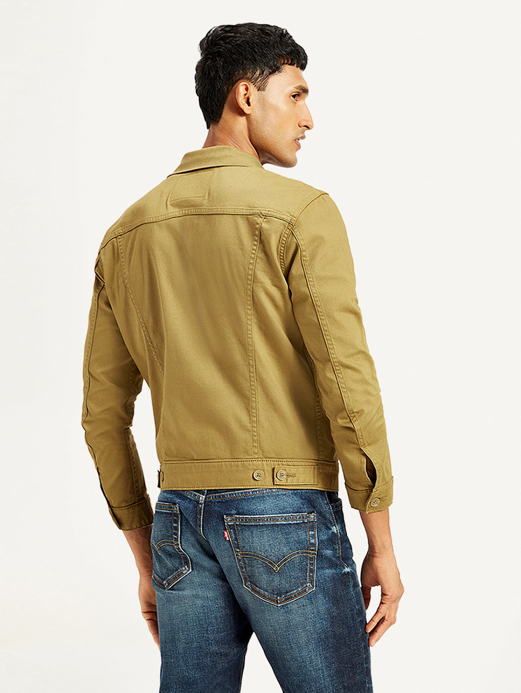 Men's Solid Tan Spread Collar Trucker Jacket - Back View