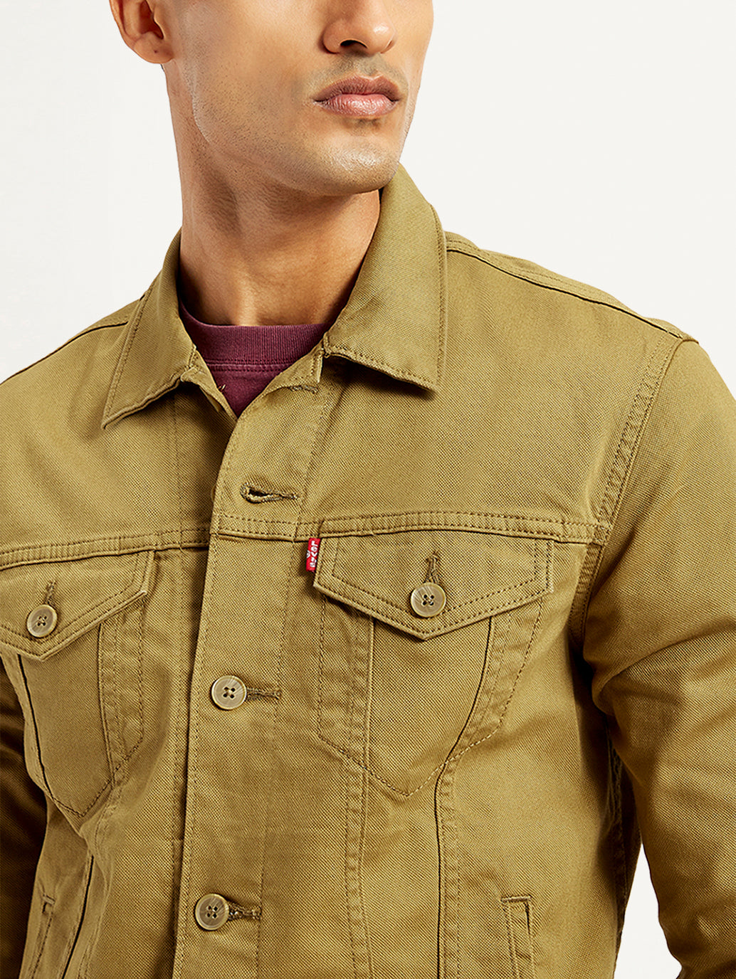 Men's Solid Tan Spread Collar Trucker Jacket - Detail View