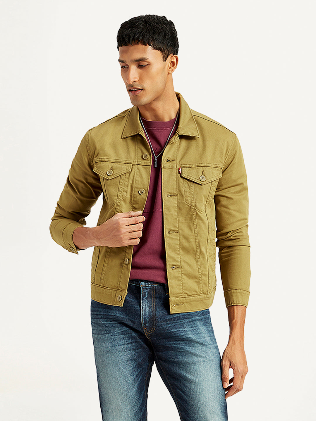 Men's Solid Tan Spread Collar Trucker Jacket - Styleshot View
