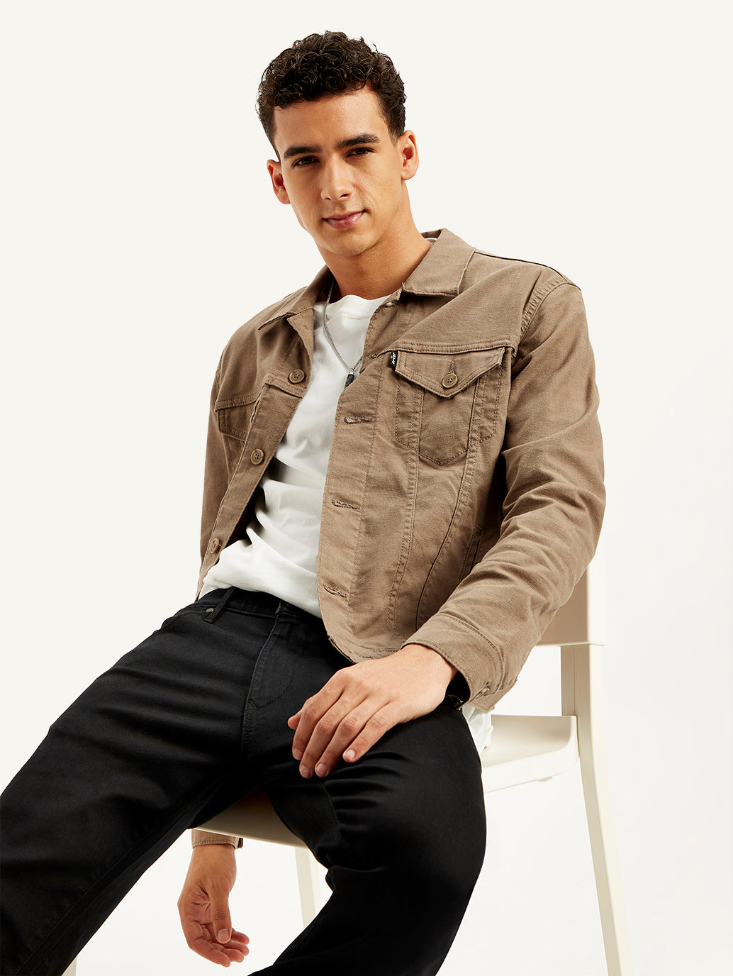 Men's Redloop Solid Light-Brown Spread Collar Denim Trucker Jacket - Elevated View