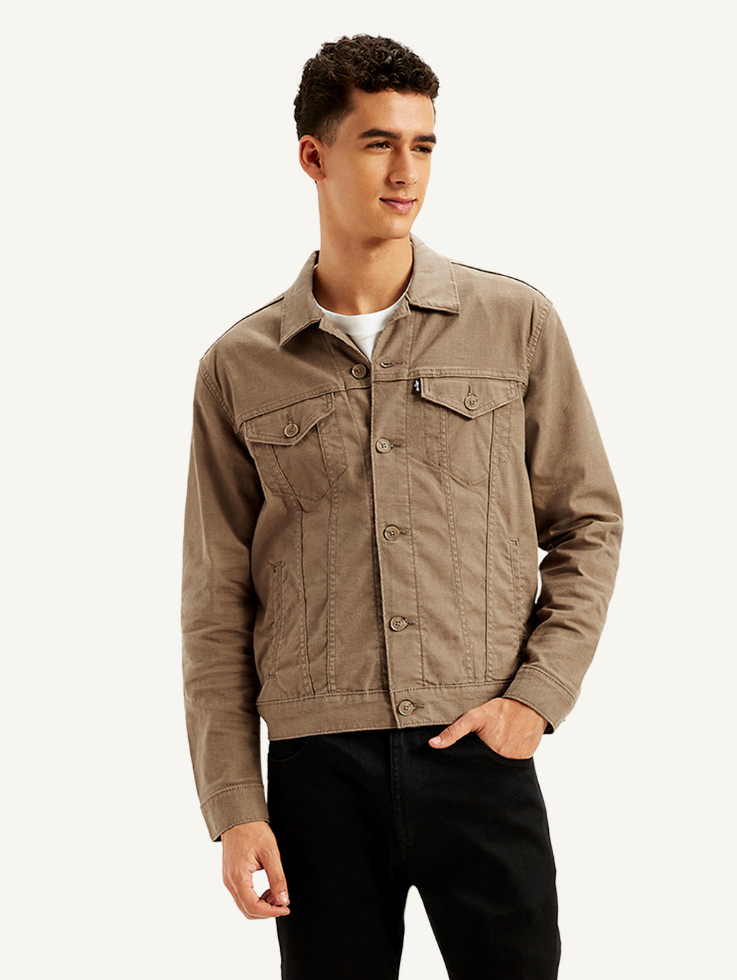 Men's Redloop Solid Light-Brown Spread Collar Denim Trucker Jacket - Front View