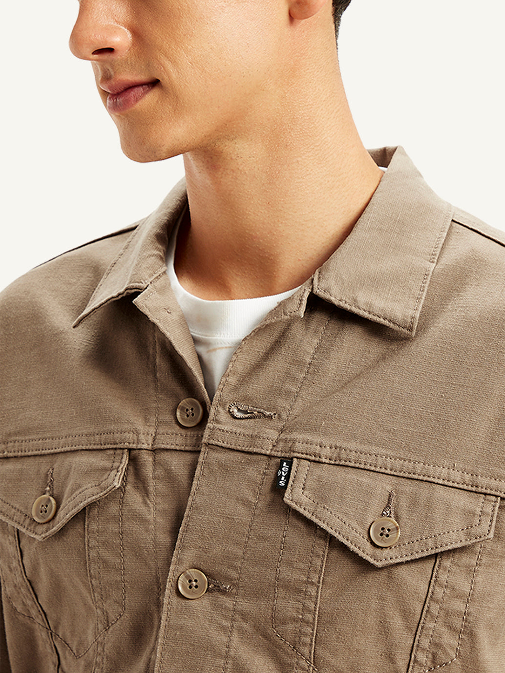 Men's Redloop Solid Light-Brown Spread Collar Denim Trucker Jacket - Detail View