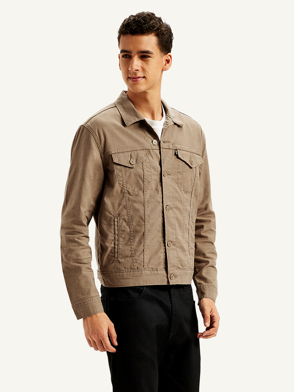 Men's Redloop Solid Light-Brown Spread Collar Denim Trucker Jacket - Side View