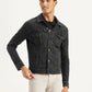 Men's Solid Black Spread Collar Denim Trucker Jacket - Front View