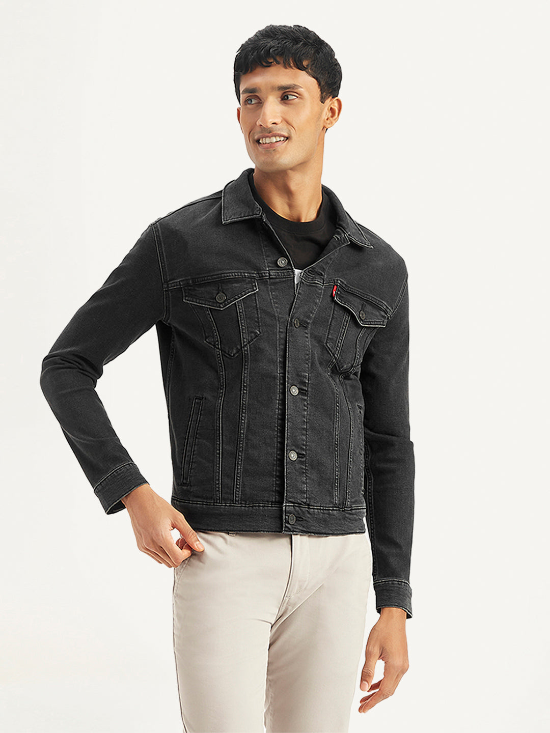 Men's Solid Black Spread Collar Denim Trucker Jacket - Front View