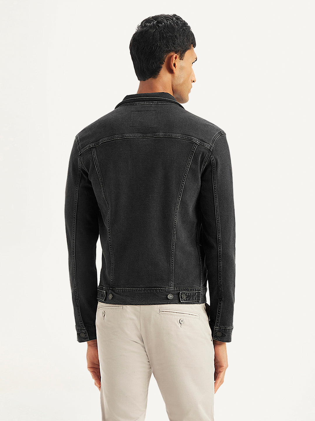 Men's Solid Black Spread Collar Denim Trucker Jacket - Back View