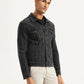 Men's Solid Black Spread Collar Denim Trucker Jacket - Side View