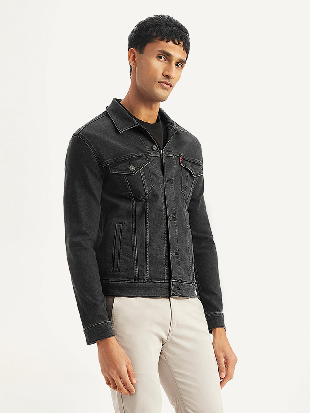 Men's Solid Black Spread Collar Denim Trucker Jacket - Side View