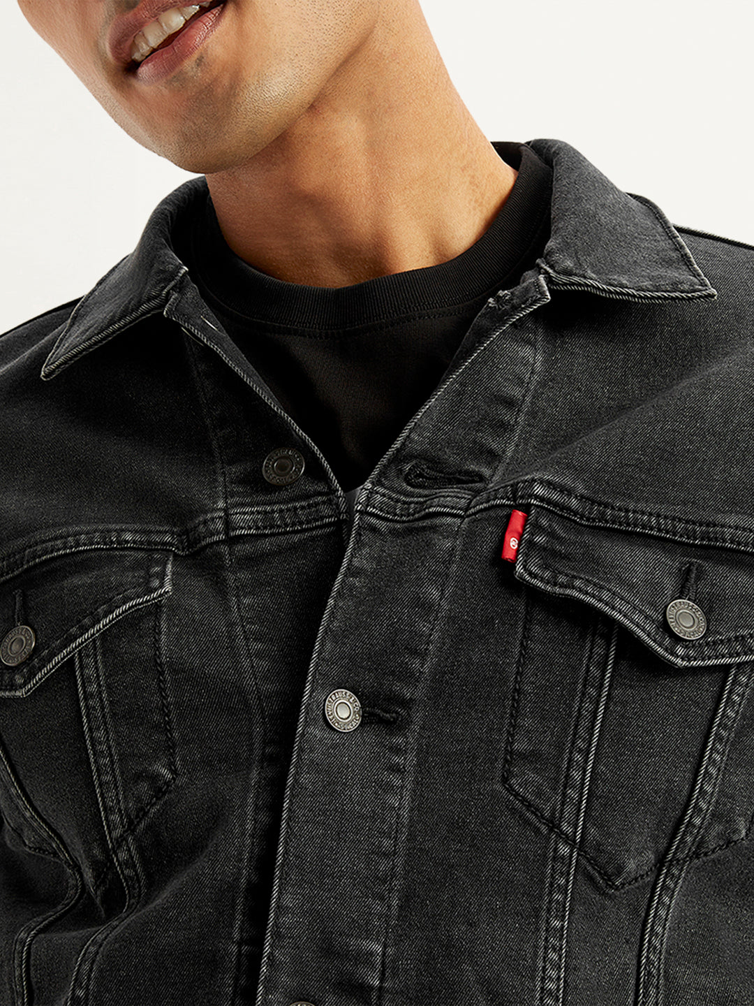 Men's Solid Black Spread Collar Denim Trucker Jacket - 14898518-7c3e-4de1-8d76-4075ceb314a5 View
