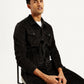 Men's Solid Black Spread Collar Denim Jacket - Elevated View