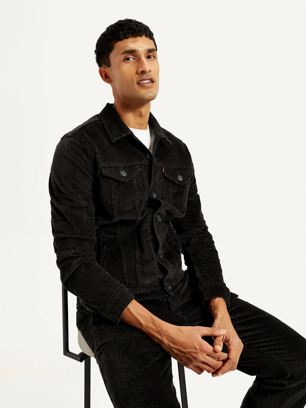 Men's Solid Black Spread Collar Denim Jacket - Elevated View