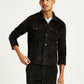 Men's Solid Black Spread Collar Denim Jacket - Front View