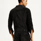 Men's Solid Black Spread Collar Denim Jacket - Back View