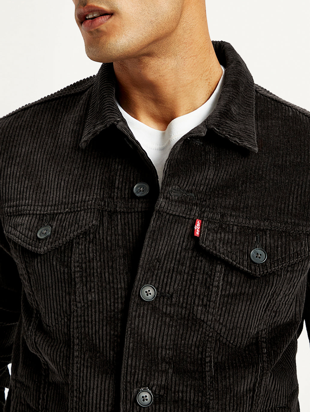 Men's Solid Black Spread Collar Denim Jacket - Detail View
