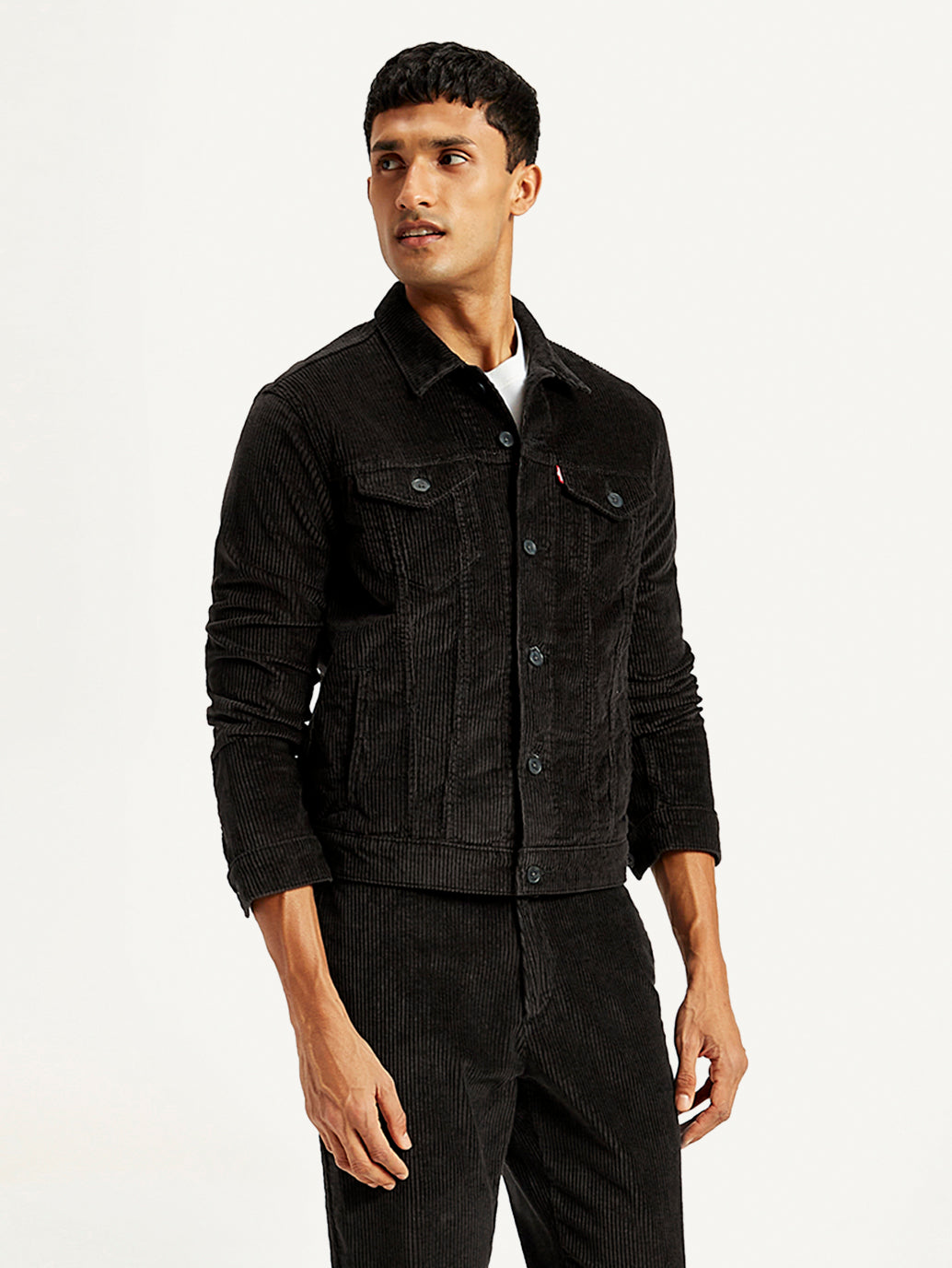 Men's Solid Black Spread Collar Denim Jacket - Side View