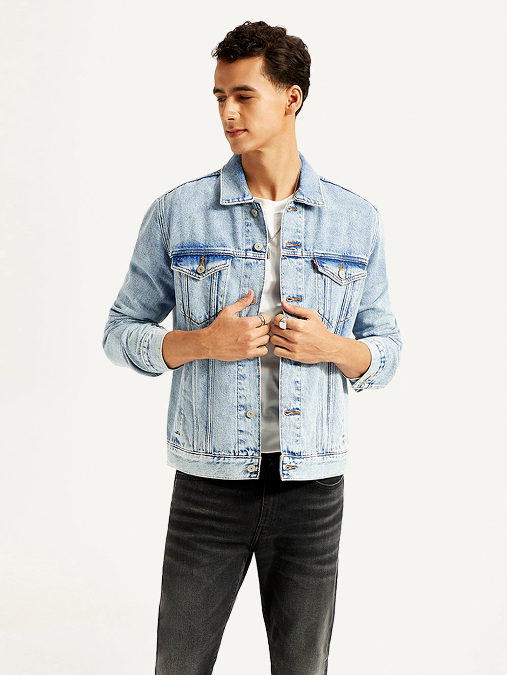Men's Solid Light Blue Denim Jacket - Styleshot View