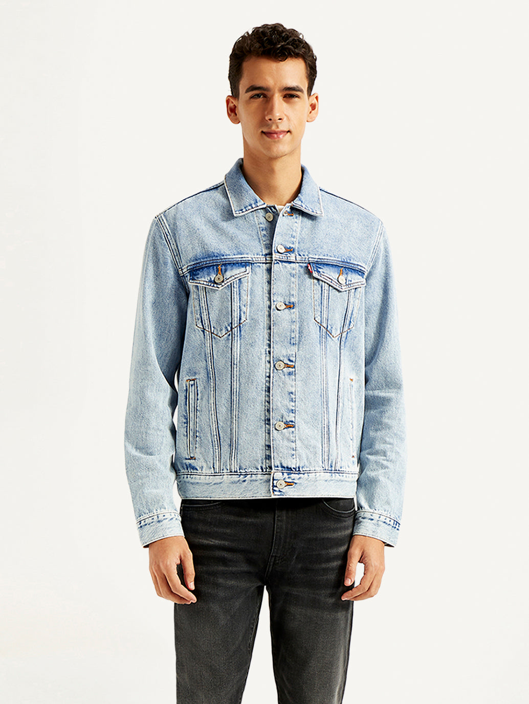 Men's Solid Light Blue Denim Jacket - Front View