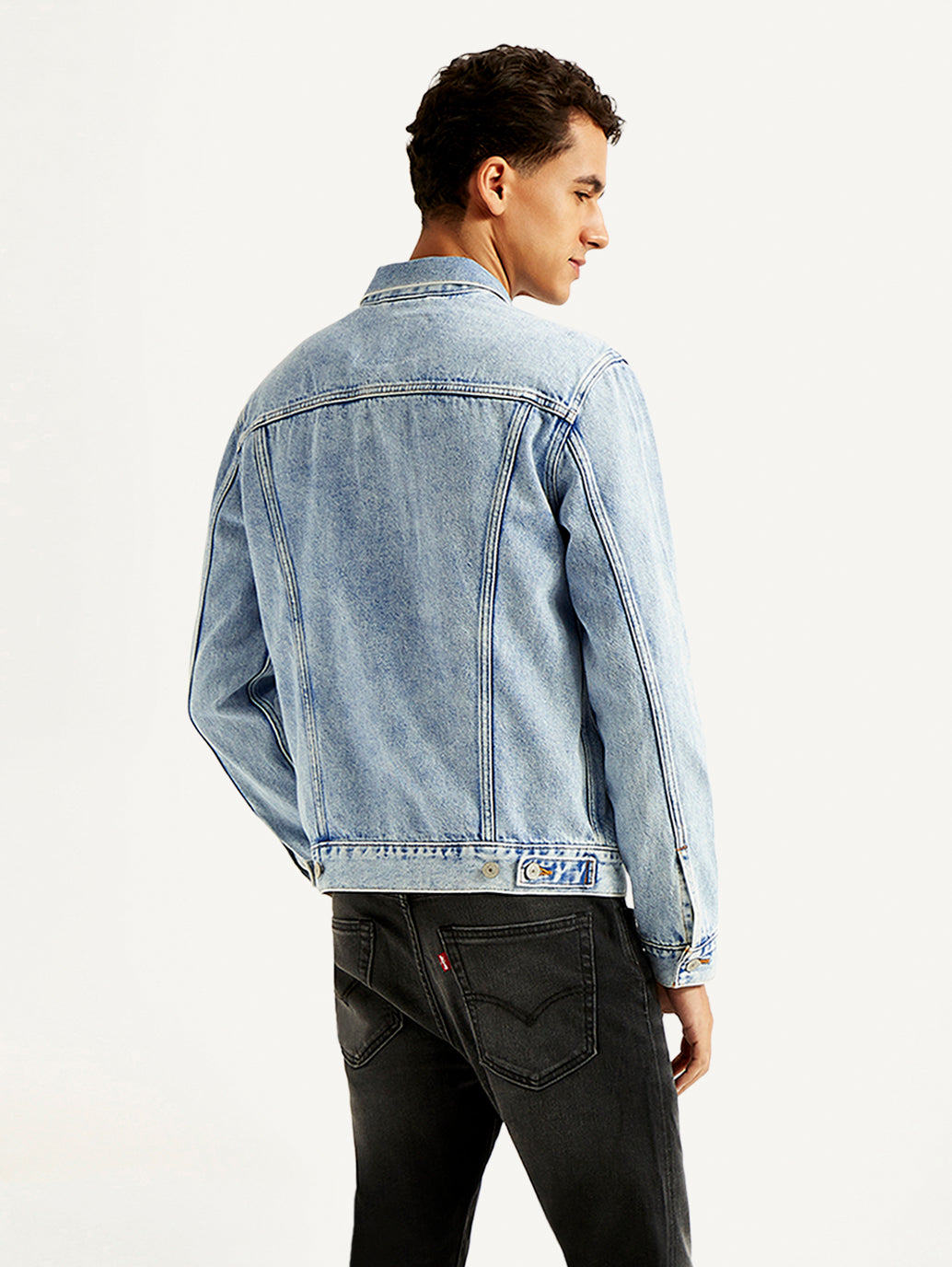 Men's Solid Light Blue Denim Jacket - Back View