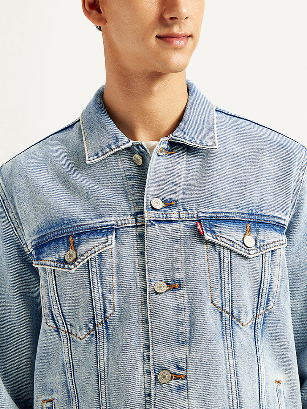 Men's Solid Light Blue Denim Jacket - Detail View