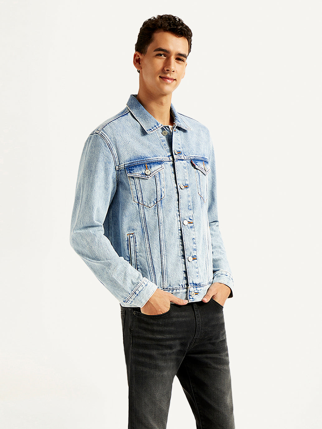 Men's Solid Light Blue Denim Jacket - Side View