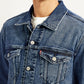 Men's Solid Blue Denim Jacket - Detail View