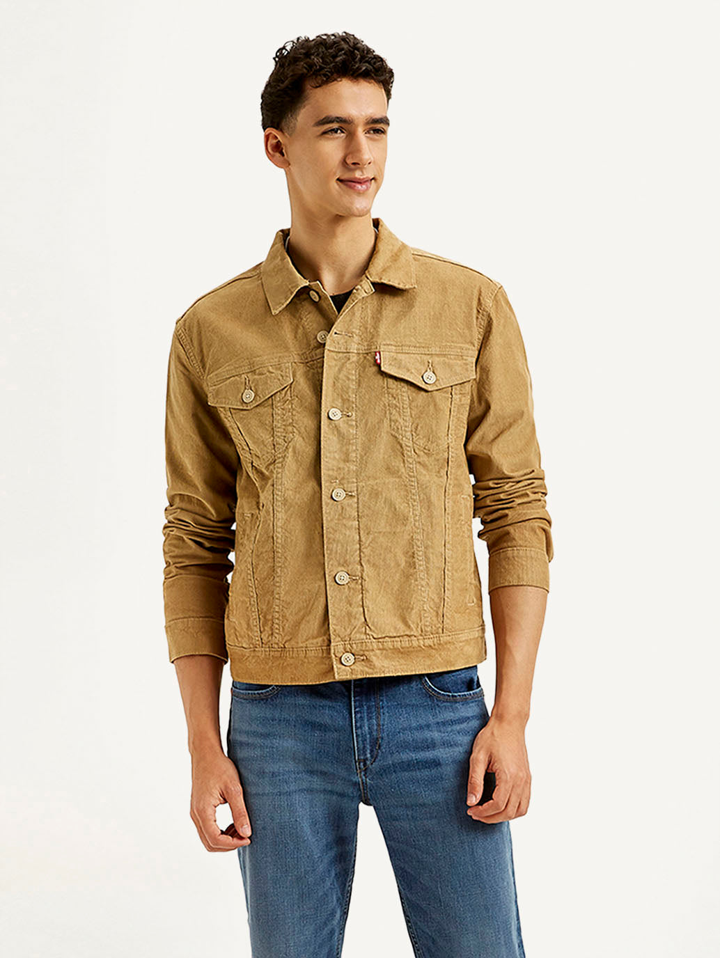 Men's Solid Light Brown Spread Collar Corduroy Jacket - Front View