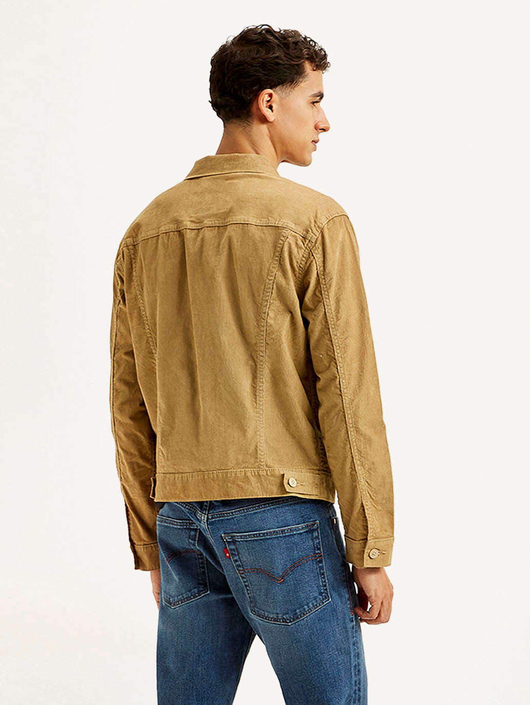 Men's Solid Light Brown Spread Collar Corduroy Jacket - Back View