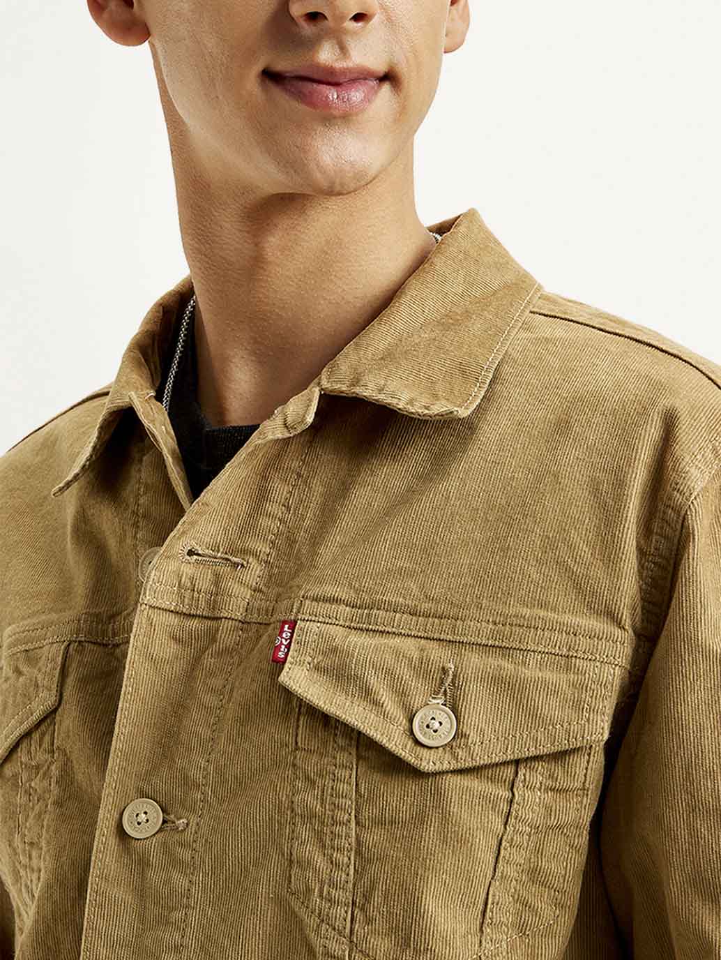Men's Solid Light Brown Spread Collar Corduroy Jacket - Detail View