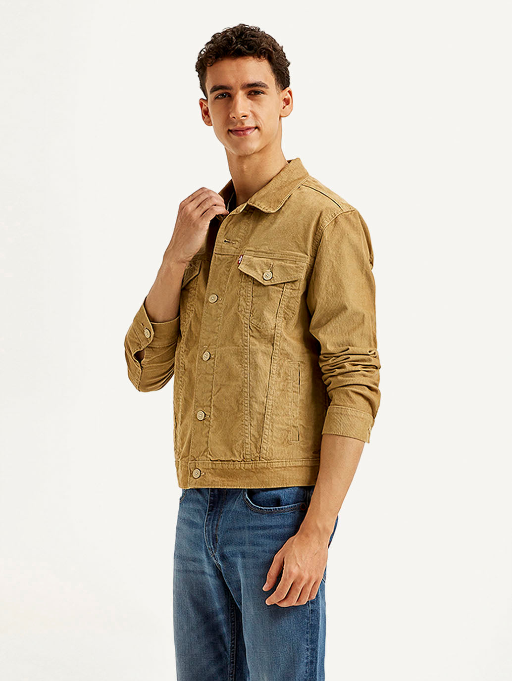 Men's Solid Light Brown Spread Collar Corduroy Jacket - Side View