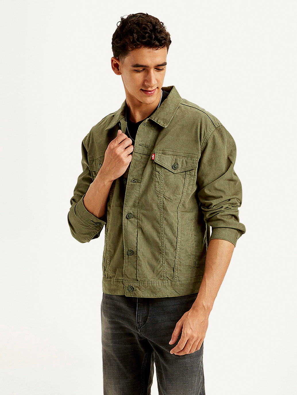Men's Solid Olive Spread Collar Corduroy Jacket - Styleshot View