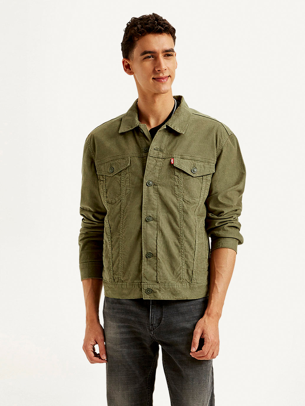 Men's Solid Olive Spread Collar Corduroy Jacket - Front View