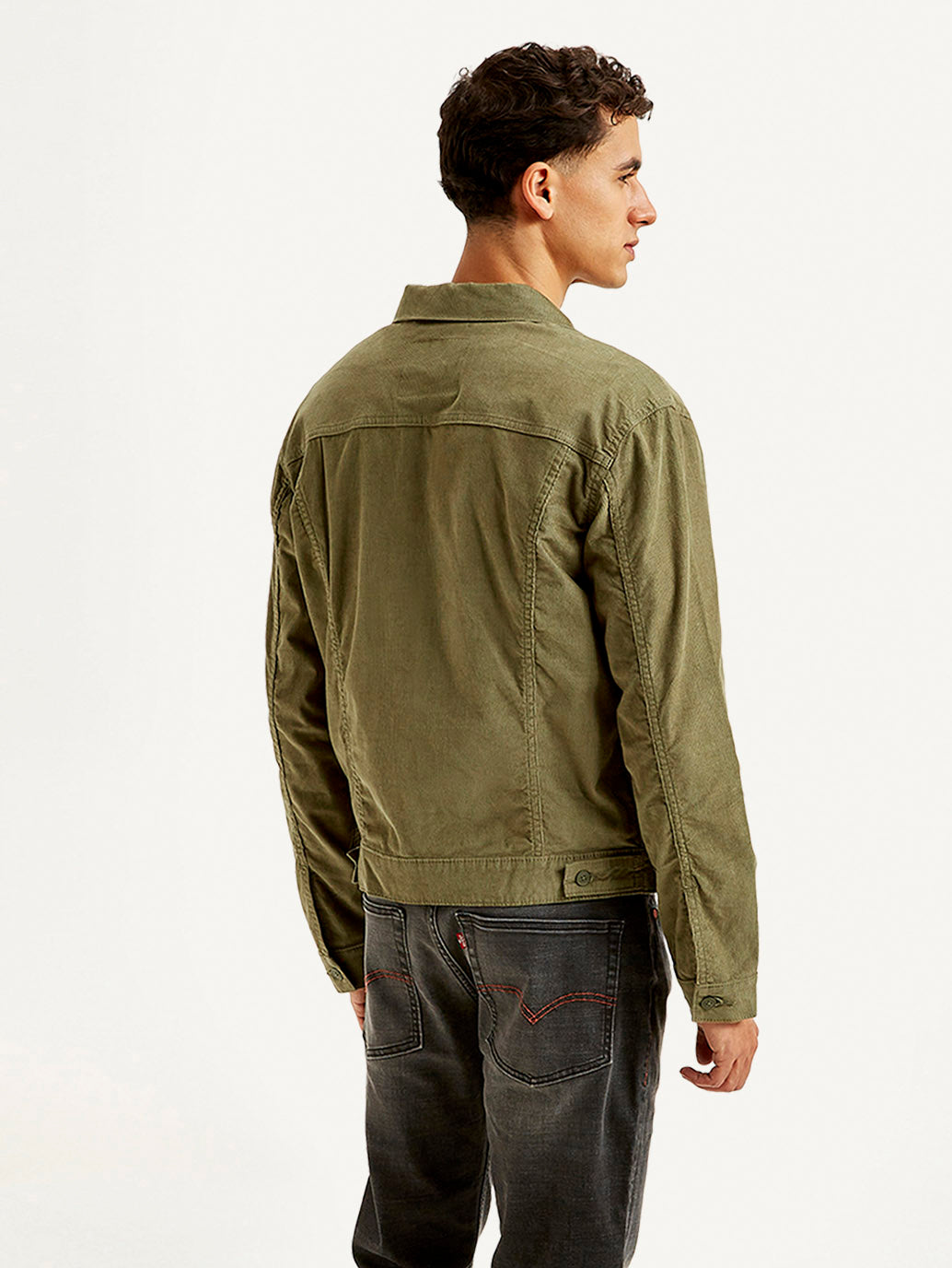 Men's Solid Olive Spread Collar Corduroy Jacket - Back View