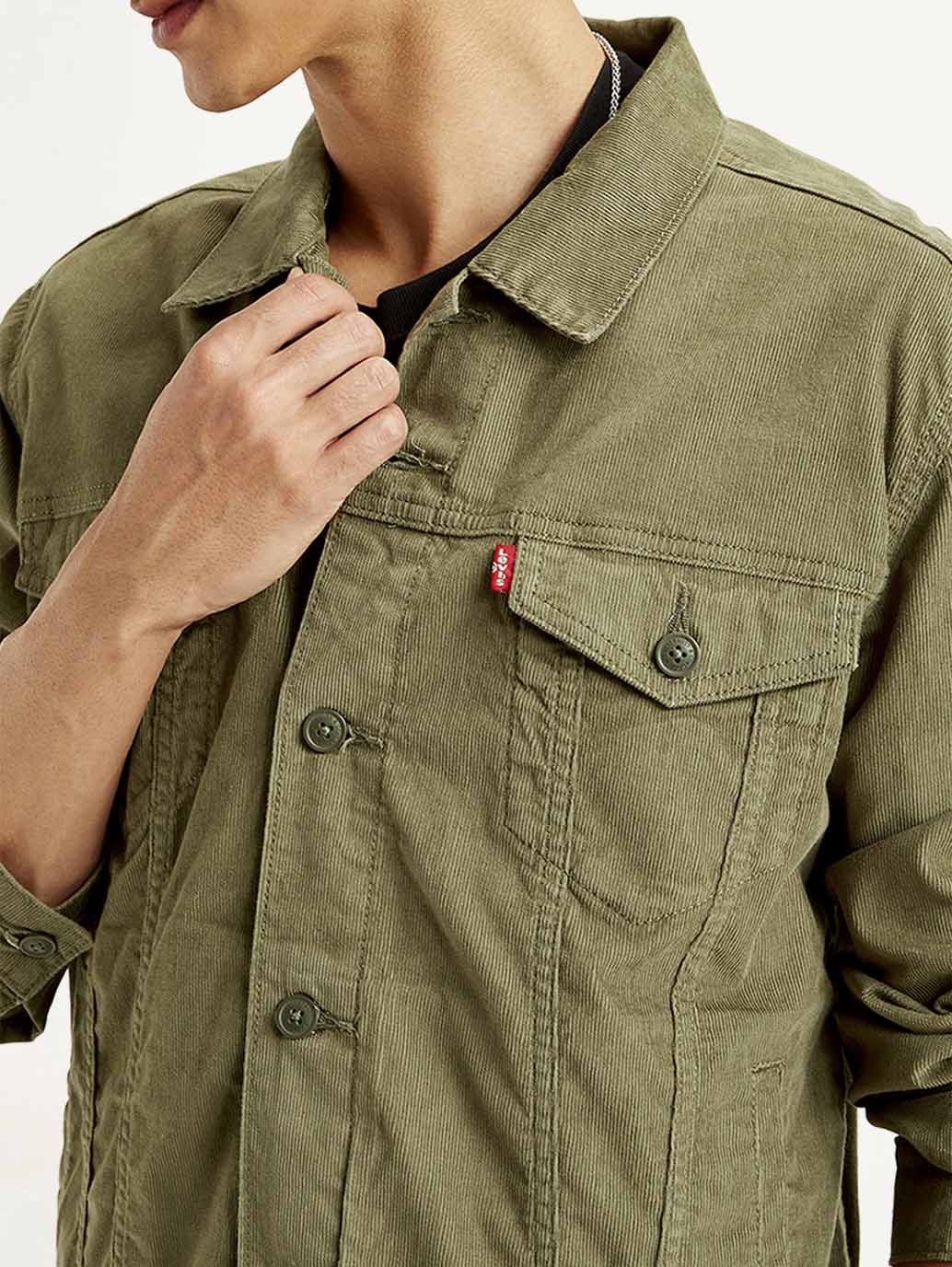 Men's Solid Olive Spread Collar Corduroy Jacket - Detail View