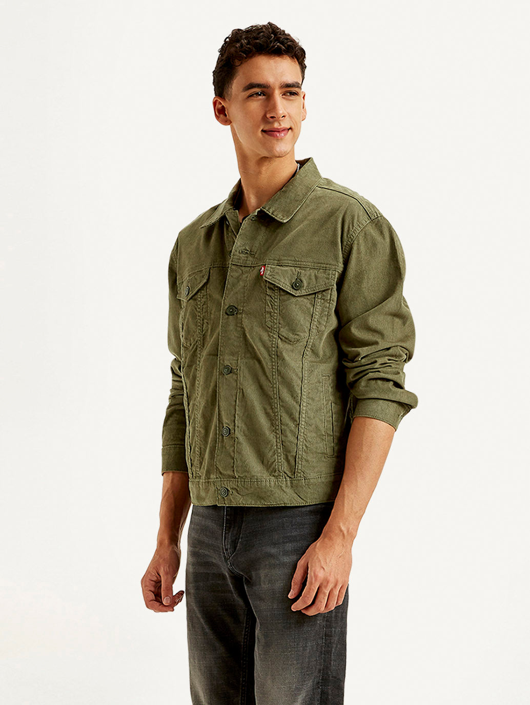 Men's Solid Olive Spread Collar Corduroy Jacket - Side View