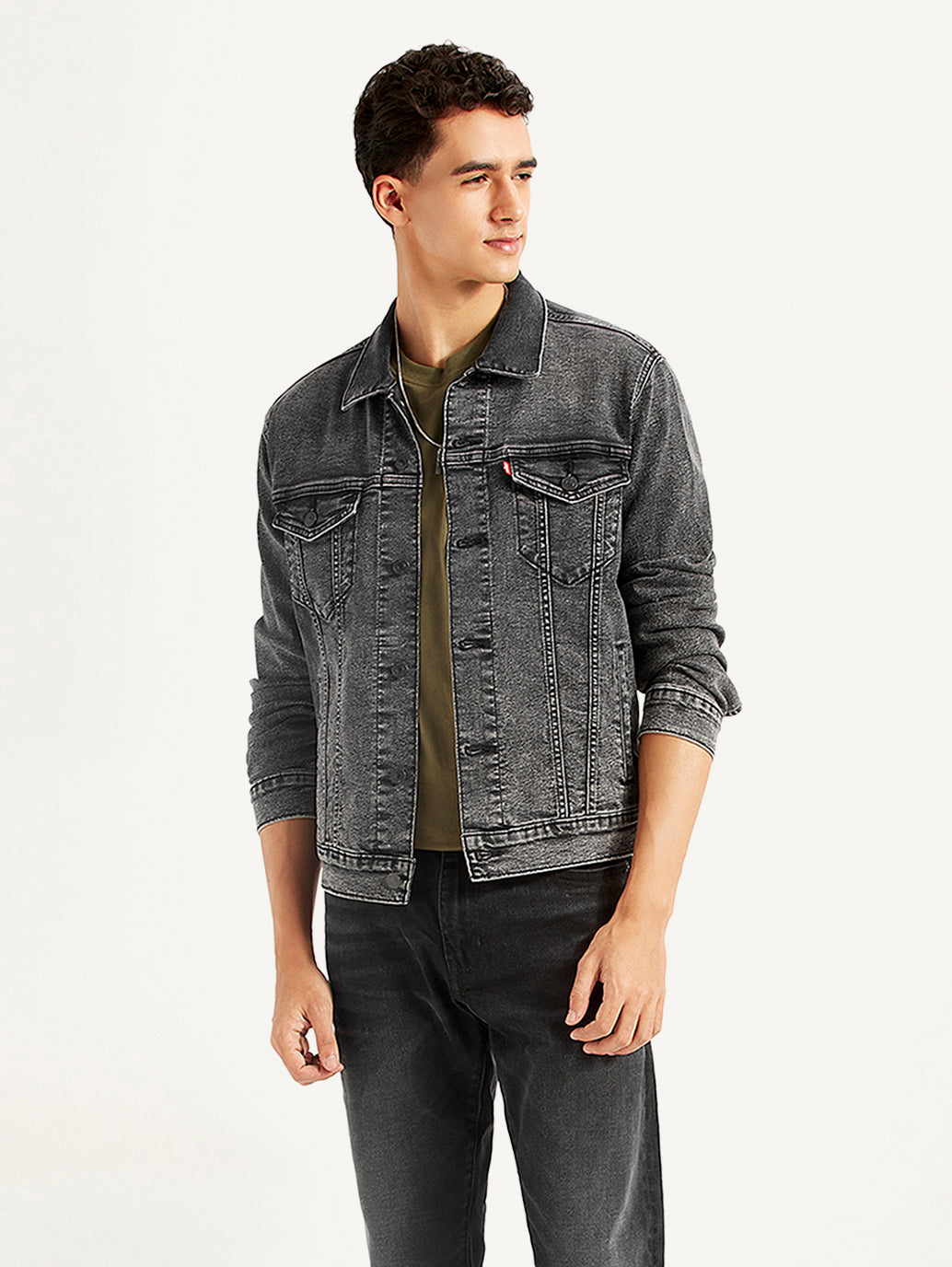 Men's Solid Charcoal Grey Denim Jacket - Styleshot View
