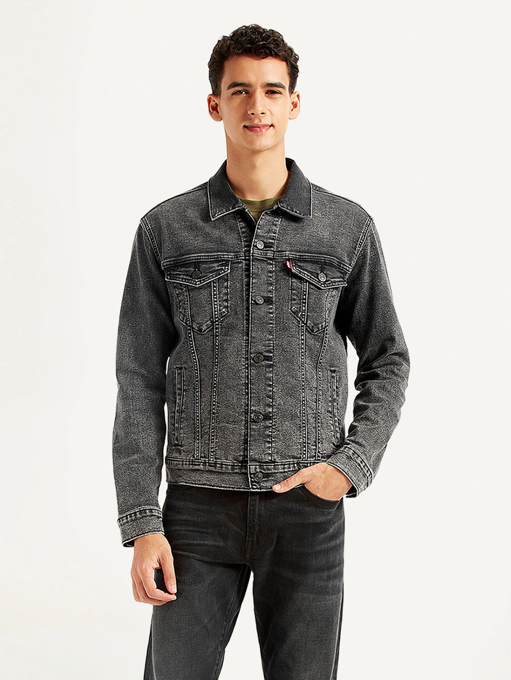 Men's Solid Charcoal Grey Denim Jacket - Front View