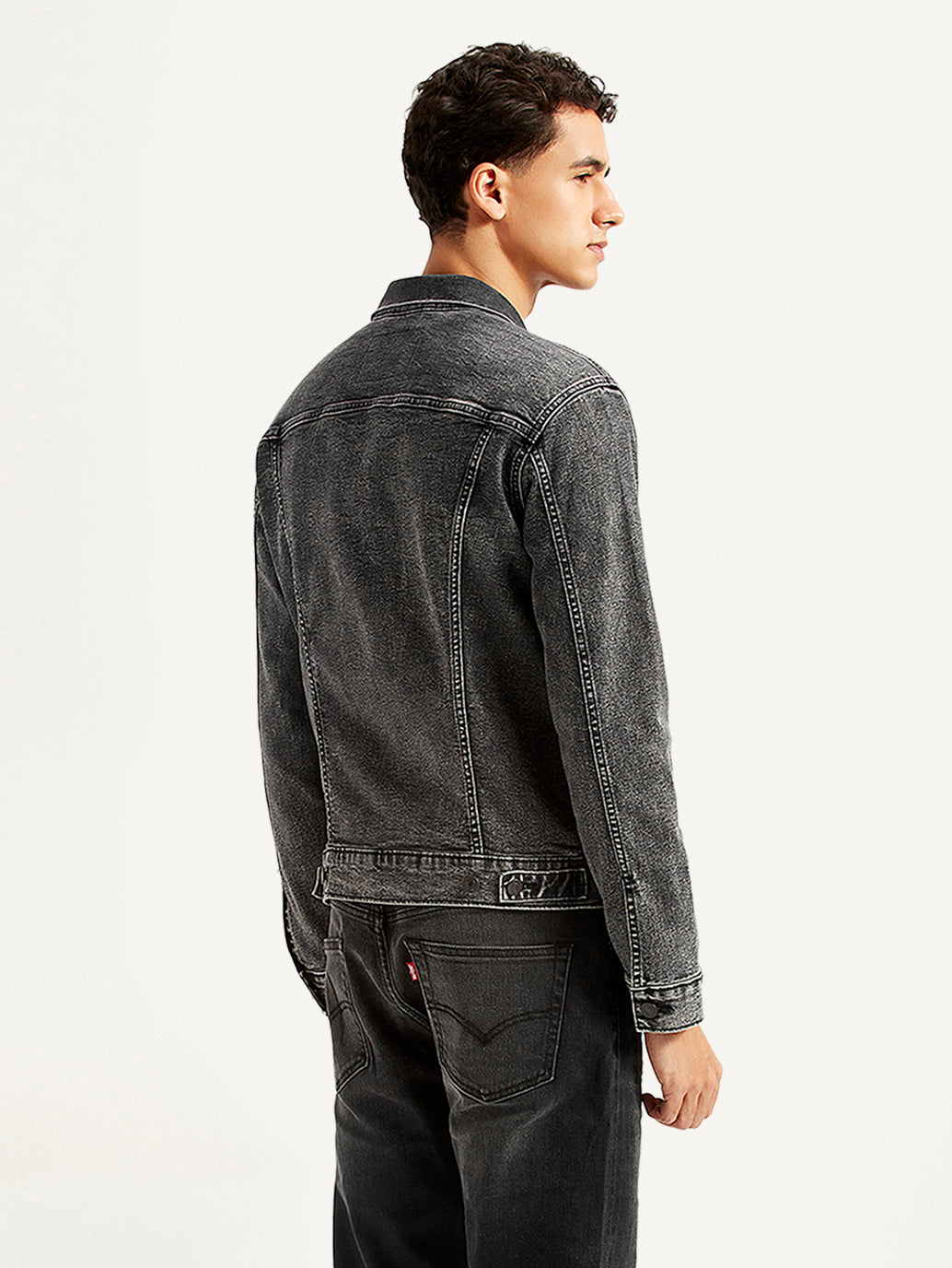 Men's Solid Charcoal Grey Denim Jacket - Back View
