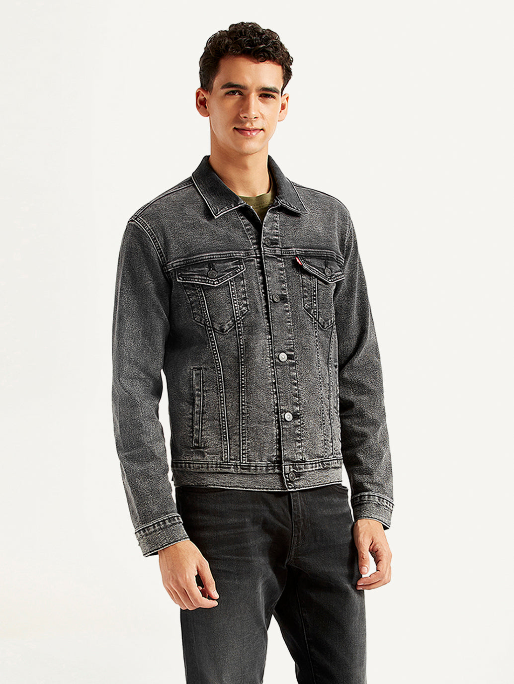 Men's Solid Charcoal Grey Denim Jacket - Side View