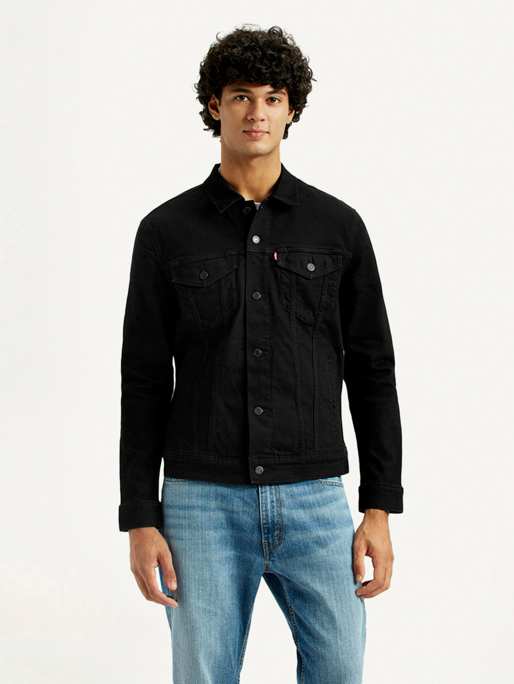 Men's Solid Black Spread Collar Jacket - Front View