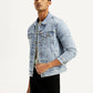 Men's Solid Blue Spread Collar Trucker Jacket - Styleshot View